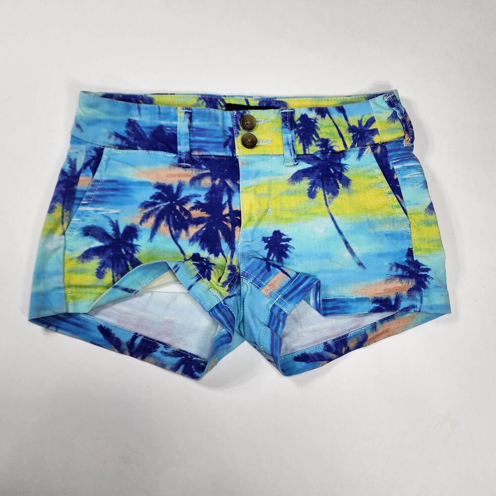 American Eagle Women's Size 00 Tropical Palm Tree Print Shorts Blue Stretch
